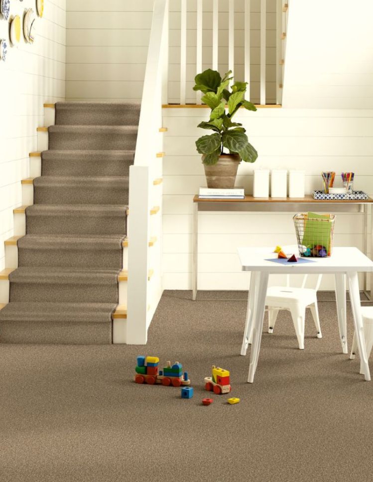 brown carpets and stair runner in a Columbia hallway