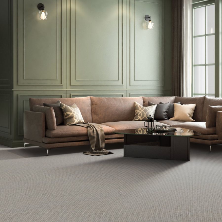 textured beige carpets in a Columbia living room with green walls and leather couch